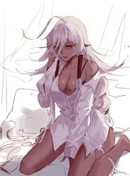  ahoge bare_legs black_skin braid breasts buckle chains cleavage collarbone colored_skin curtains dungeon_and_fighter female highres large_breasts long_hair looking_at_viewer off_shoulder on_bed parted_lips pillow pointy_ears red_eyes red_lips shadow_dancer_(dungeon_and_fighter) shiny_skin shirt sitting sleepwear solo thief_(dungeon_and_fighter) twin_braids underwear very_long_hair wariza white_background white_hair white_shirt 