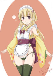  22/7 apron blonde_hair clothing_cutout commentary_request cowboy_shot cropped_kimono dated female frilled_apron frilled_panties frills frown fujima_sakura green_panties green_thighhighs highres japanese_clothes kimono long_hair long_sleeves looking_at_viewer maid_headdress no_pants open_mouth panties purple_eyes shoulder_cutout side-tie_panties solo standing string_panties thighhighs twitter_username underwear wan&#039;yan_aguda white_apron wide_sleeves yellow_kimono 