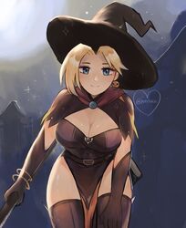  artist_name asymmetrical_bangs black_gloves blonde_hair breasts cleavage earrings female food-themed_earrings gloves highres jack-o&#039;-lantern jack-o&#039;-lantern_earrings jewelry leaning looking_at_viewer mercy_(overwatch) official_alternate_costume official_alternate_hairstyle overwatch overwatch_1 pelvic_curtain purple_eyes purrlucii single_earring smile solo thighhighs thighs witch 