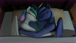  16:9 3d_(artwork) alicorn anthro anthrofied bed blue_body blue_hair closed_eyes cuddling digital_media_(artwork) equid equine female friendship_is_magic fur furniture hair hasbro hi_res horn mammal multicolored_hair my_little_pony mythological_creature mythological_equine mythology on_bed princess_celestia_(mlp) princess_luna_(mlp) s1_luna_(mlp) shadowboltsfm sibling_(lore) sister_(lore) sisters_(lore) white_body white_fur widescreen wings 