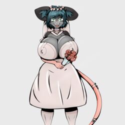  1:1 anthro big_breasts bodily_fluids breasts cleavage clothed clothing dress female happy hi_res huge_breasts mammal maze_(mazemaus) mazemaus mouse murid murine nipple_outline rodent simple_background solo tears wedding wedding_dress white_background white_clothing 