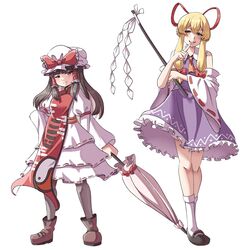  2girls :i ankle_socks blonde_hair boots bow brown_hair commentary cosplay costume_switch detached_sleeves dress english_commentary frilled_hair_tubes frills gohei hair_ribbon hair_tubes hairbow hakurei_reimu hakurei_reimu_(cosplay) hat hat_bow highres holding holding_gohei holding_umbrella long_hair mob_cap multiple_girls nontraditional_miko pantyhose pout praeto red_tabard ribbon shirt shoes skirt sleeveless sleeveless_shirt socks tabard touhou umbrella white_background white_dress yakumo_yukari yakumo_yukari_(cosplay) 