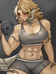  abs absurdres arm_at_side au_ra bare_shoulders biceps blonde_hair breasts cleavage commentary commission cowboy_shot crop_top dumbbell english_commentary exercising ezzydraws female final_fantasy final_fantasy_xiv flipped_hair grey_background grey_shorts grey_sports_bra half-closed_eyes highres horns large_breasts looking_to_the_side midriff muscular muscular_female navel orange_eyes parted_lips shiny_skin short_shorts shorts simple_background solo sports_bra stomach sweat warrior_of_light_(ff14) weightlifting 