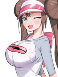  :d amrbatafri blue_eyes blue_shirt blush bow breasts brown_hair collarbone commentary double_bun doughnut_hair_bun female hair_between_eyes hair_bun hairbow highres impossible_clothes impossible_shirt large_breasts long_hair looking_at_viewer mouth_hold one_eye_closed pink_bow poke_ball_print pokemon pokemon_bw2 raglan_sleeves rosa_(pokemon) shirt simple_background smile solo taut_clothes taut_shirt twintails two-tone_shirt upper_body visor_cap white_background white_shirt 