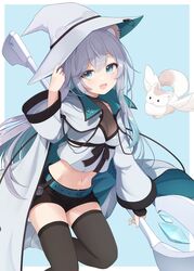  :d absurdres animal_ear_fluff animal_ear_piercing animal_ears aone_ioru aqua_belt aqua_coat aqua_eyes aqua_hair aqua_hat basa_rutan belt belt_buckle black_ribbon black_shorts black_thighhighs blue_background bodystocking breasts buckle cleavage coat collarbone collared_coat colored_inner_hair commentary_request commission contrapposto creature crop_top crop_top_overhang cropped_shirt crystal eyes_visible_through_hair female foot_out_of_frame gradient_hair grey_coat grey_hair grey_hat hamster_ears hamster_girl hand_on_headwear hand_up hat highres holding holding_staff indie_virtual_youtuber knee_up light_blush long_hair long_sleeves looking_at_viewer medium_breasts midriff multicolored_hair navel open_clothes open_coat open_mouth puffy_long_sleeves puffy_sleeves ribbon second-party_source see-through see-through_cleavage shirt short_shorts shorts simple_background skeb_commission smile solo staff standing standing_on_one_leg thighhighs two-sided_coat two-sided_fabric two-sided_headwear virtual_youtuber white_shirt witch_hat 