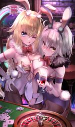  2girls absurdres animal_ears black_leotard blonde_hair blue_eyes bow bowtie braid breasts brown_legwear card cleavage cowboy_shot cup detached_collar drinking_glass fake_animal_ears fate/apocrypha fate/grand_order fate_(series) fishnet_pantyhose fishnets grey_hair headpiece highres jeanne_d&#039;arc_(fate) jeanne_d&#039;arc_(ruler)_(fate) jeanne_d&#039;arc_alter_(avenger)_(fate) jeanne_d&#039;arc_alter_(fate) jukebox large_breasts leaning_forward leotard long_braid multiple_girls nakasaku-p pantyhose playboy_bunny playing_card poker_chip poker_table rabbit_ears rabbit_tail red_bow red_bowtie single_braid strapless strapless_leotard table tail white_leotard wine_glass wrist_cuffs yellow_eyes 