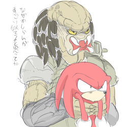  1:1 alien anthro clothing crossover duo echidna fur gloves handwear holding_character japanese_text knuckles_the_echidna male mammal monotreme nashi_(intothe_bluesky) predator_(franchise) red_body red_fur sega simple_background sonic_the_hedgehog_(series) teeth text translation_request white_background yautja yellow_sclera 