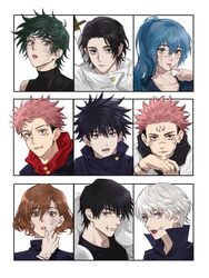  3girls 6+boys black_eyes black_hair black_jacket black_neckwear black_scarf black_shirt blue_eyes blue_hair brown_eyes brown_hair burn_scar chinese_commentary closed_mouth commentary_request facial_mark facial_tattoo finger_to_mouth fushiguro_megumi fushiguro_touji green_eyes green_hair hair_between_eyes hand_up head_rest heterochromia high_collar highres hood hood_down hoodie inumaki_toge itadori_yuuji jacket jujutsu_kaisen katana kugisaki_nobara long_hair looking_at_viewer mahito_(jujutsu_kaisen) multiple_boys multiple_girls nino_(nino84391425) okkotsu_yuuta open_mouth parted_lips patchwork_skin pink_hair ponytail portrait purple_eyes red_eyes red_hoodie rule_63 ryoumen_sukuna_(jujutsu_kaisen) scar scar_on_face scarf shirt short_hair simple_background smile spiked_hair sword tattoo undercut weapon white_background white_hair white_jacket zen&#039;in_maki 