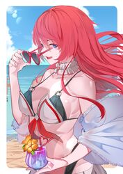  alexiel_(summer)_(granblue_fantasy) alternate_costume bikini blue_eyes blue_sky choker commentary_request drink female flower glass godsworn_alexiel granblue_fantasy heart heart-shaped_eyewear highres long_hair nonh_(wormoftank) ocean red_eyes shawl sky smile summer sunglasses swimsuit unworn_eyewear 