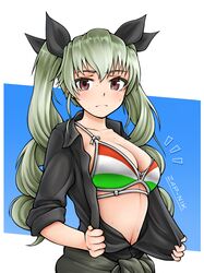  anchovy_(girls_und_panzer) anzio_military_uniform bikini bikini_under_clothes bow brown_eyes commentary drill_hair female girls_und_panzer green_hair hairbow highres hungarian_flag hungarian_flag_bikini italian_flag italian_flag_bikini jumpsuit looking_at_viewer open_clothes open_shirt simple_background solo sweatdrop swimsuit twin_drills undressing zap-nik 