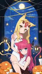  2girls absurdres animal_ears bad_id bad_pixiv_id blonde_hair blue_eyes breasts brown_eyes candle cat_ears cat_tail cleavage elizabeth_bathory_(fate) elizabeth_bathory_(fate/extra_ccc) elizabeth_bathory_(second_ascension)_(fate) fate/grand_order fate_(series) green_hair halloween highres horns hug ibaraki_douji_(fate) jack-o&#039;-lantern kemonomimi_mode long_hair looking_at_viewer manglifer multiple_girls oni_horns photoshop_(medium) pink_hair pumpkin sleeveless small_breasts tail tattoo yellow_eyes 