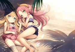  2girls :o aruma_(shinrabanshou) ass bare_arms bare_legs bare_shoulders beach bikini black_bikini black_ribbon blonde_hair breasts day frilled_bikini frills fuyu_no_kareha green_eyes hair_ribbon highres horns lens_flare long_hair looking_at_viewer lying multiple_girls on_back on_side one-piece_swimsuit outdoors palm_tree pink_hair pink_one-piece_swimsuit pointy_ears ribbon shinrabanshou small_breasts swimsuit terasu_(shinrabanshou) tree 