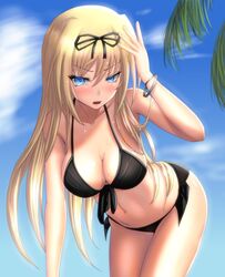  bikini blonde_hair blue_eyes blue_sky breasts cleavage cloud commentary_request cornelia_(sennen_sensou_aigis) cowboy_shot day female free_note017 hair_ribbon leaning_forward long_hair looking_at_viewer medium_breasts open_mouth outdoors palm_leaf ribbon sennen_sensou_aigis side-tie_bikini_bottom sky solo standing swimsuit very_long_hair 