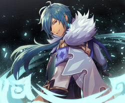  1boy black_gloves black_pants blue_eyes blue_hair commentary_request dark-skinned_male dark_skin earrings eyepatch fingerless_gloves genshin_impact gloves highres ice jacket jewelry kaeya_(genshin_impact) long_hair looking_at_viewer male_focus pants parted_lips penguu_(green528) single_earring smile solo 