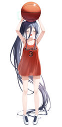  absurdly_long_hair absurdres alternate_costume alternate_hairstyle aris_(blue_archive) armpits basketball basketball_jersey basketball_uniform black_hair blue_archive closed_eyes collarbone female halo highres ju-ok long_hair no_pants open_mouth ponytail see-through_silhouette simple_background smile solo sportswear thighs very_long_hair white_background 