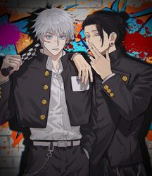  2boys arm_on_another&#039;s_shoulder bandaid bandaid_on_face baseball_bat belt black_hair black_jacket black_pants blue_eyes cigarette collared_shirt colored_eyelashes cowboy_shot ear_piercing gakuran getou_suguru gojou_satoru graffiti hair_between_eyes hair_bun hair_pulled_back hand_in_pocket hand_up holding holding_baseball_bat holding_cigarette jacket jujutsu_kaisen long_sleeves looking_at_viewer male_focus multiple_boys nino_(nino84391425) over_shoulder paint_splatter pants parted_lips piercing purple_eyes school_uniform shirt short_hair single_hair_bun standing white_belt white_hair white_shirt 