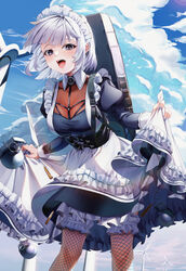  apron aqua_eyes bangs black_sleeves blue_sky breasts bullet cloud cloudy_sky collarbone copyright_request day explosive fangs female fishnet_legwear fishnets frills grenade grey_hair grey_nails highres maid_apron maid_dress maid_headdress medium_breasts o-ring open_mouth outdoors pantyhose puffy_sleeves short_hair sky smile solo suigetsu_(hjs1106) tongue upper_teeth 