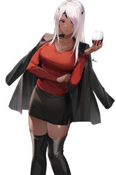  absurdres alcohol black_skirt black_thighhighs breasts circlet cup cupping_glass dark-skinned_female dark_skin expressionless female guardian_tales highres holding holding_cup jacket jacket_on_shoulders jewelry long_hair long_sleeves looking_at_viewer mk87 pencil_skirt pendant princess_aisha purple_eyes red_shirt shirt simple_background skirt solo swept_bangs thighhighs white_background white_hair zettai_ryouiki 