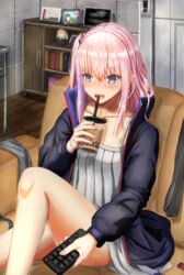  absurdres black_jacket blue_eyes blush bubble_tea collarbone controller cup dinergate_(girls&#039;_frontline) disposable_cup dress drinking_straw female fusou_(fuso0205) girls&#039;_frontline highres holding holding_cup indoors jacket long_hair long_sleeves m4_sopmod_ii_jr m4a1_(girls&#039;_frontline) multicolored_hair non-humanoid_robot nose_blush open_mouth pink_hair pink_nails purple_hair remote_control robot sangvis_ferri sitting solo st_ar-15_(girls&#039;_frontline) streaked_hair white_dress 