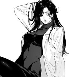  arm_up coat commentary_request cowboy_shot female greyscale highres ieiri_shoko jujutsu_kaisen long_hair long_sleeves looking_at_viewer mole mole_under_eye monochrome nino_(nino84391425) pantyhose parted_lips shirt simple_background sitting skirt solo 