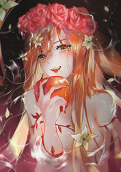  apple bare_shoulders breasts cleavage female flower food fruit hair_flower hair_ornament head_wreath highres holding holding_food holding_fruit long_hair looking_at_viewer medium_breasts mole mole_under_eye nail_polish open_mouth orange_hair red_flower red_nails red_rose rose smile solo tower_of_saviors upper_body vardan white_flower yellow_eyes 