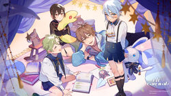  4boys aged_down ascot black_legwear blue_eyes blue_shorts blush book book_stack brown_eyes brown_hair child&#039;s_drawing cross edmond_(nu_carnival) eiden_(nu_carnival) green_eyes green_hair highres holding holding_toy jewelry latin_cross light_brown_hair lolicon long_sleeves looking_at_another lying male_focus multicolored_hair multiple_boys necklace nu_carnival official_art olivine_(nu_carnival) on_stomach open_book orange_eyes orange_hair pillow short_hair shorts smile socks standing stuffed_animal stuffed_rabbit stuffed_snake stuffed_toy tassel teddy_bear toy two-tone_hair white_ascot yakumo_(nu_carnival) 