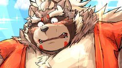  2019 anthro black_nose blush brown_body brown_fur canid canine fur goemon_(tas) kotobuki lifewonders male mammal overweight overweight_anthro overweight_male raccoon_dog solo tanuki teeth tokyo_afterschool_summoners 