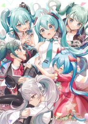  25-ji_miku 25-ji_nightcord_de._(project_sekai) 6+girls animal_ears aqua_eyes aqua_hair aqua_nails aqua_necktie arms_around_waist bare_shoulders black_jacket black_legwear black_shirt black_skirt black_sleeves blue_hair bow closed_eyes commentary detached_sleeves dress fangs frilled_dress frills grey_eyes grey_hair hair_ornament hairbow hairclip hand_on_another&#039;s_hip hands_on_another&#039;s_thigh hatsune_miku headphones headset holding_hands hug jacket jewelry leg_hold leo/need_(project_sekai) leo/need_miku long_hair miniskirt more_more_jump!_(project_sekai) more_more_jump!_miku multiple_girls multiple_persona nail_polish nanase_(nns_6077) necklace necktie open_mouth paperclip paperclip_hair_ornament pleated_skirt project_sekai red_dress shirt short_sleeves shoulder_tattoo skirt sleeveless sleeveless_shirt smile star_(symbol) star_print suspenders tattoo thighhighs twintails very_long_hair vivid_bad_squad_(project_sekai) vivid_bad_squad_miku vocaloid white_shirt wonderlands_x_showtime_(project_sekai) wonderlands_x_showtime_miku zettai_ryouiki 