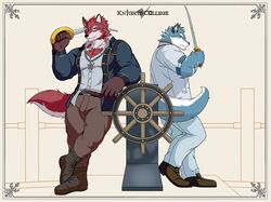  anthro argo_northrop blue_body blue_fur body_hair canid canine chest_hair diederich_olsen duo fur hazama_jin hi_res knights_college male male/male mammal melee_weapon student sword teacher teacher_and_student weapon 