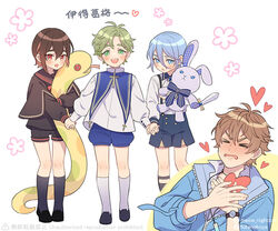  &gt;_&lt; 4boys aged_down blue_eyes blue_hair blue_shorts brown_hair cross edmond_(nu_carnival) eiden_(nu_carnival) full_body green_eyes green_hair holding holding_hands holding_stuffed_toy jewelry latin_cross light_blue_hair light_brown_hair lolicon long_sleeves looking_at_viewer male_focus multicolored_hair multiple_boys necklace nightcat nu_carnival olivine_(nu_carnival) orange_eyes orange_hair short_hair shorts smile so_moe_i&#039;m_gonna_die! socks standing stuffed_animal stuffed_rabbit stuffed_snake stuffed_toy translated two-tone_hair yakumo_(nu_carnival) 