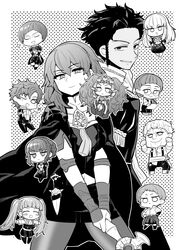  5boys 6+girls absurdres blush_stickers braid byleth_(female)_(fire_emblem) byleth_(fire_emblem) cape chibi claude_von_riegan closed_eyes closed_mouth commentary_request crown_braid dagger dark-skinned_male dark_skin fire_emblem fire_emblem:_three_houses garreg_mach_monastery_uniform glasses greyscale hair_ornament hair_ribbon higaragi highres hilda_valentine_goneril holding holding_sword holding_weapon ignatz_victor knife leonie_pinelli long_hair lorenz_hellman_gloucester lysithea_von_ordelia marianne_von_edmund medium_hair monochrome multiple_boys multiple_girls one_eye_closed open_mouth parted_lips pointy_ears raphael_kirsten ribbon ribbon_braid sheath sheathed short_hair shorts side_braid smile sothis_(fire_emblem) sword sylvain_jose_gautier tiara twin_braids twintails uniform weapon 