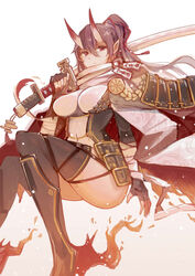  azur_lane bandaged_arm bandages black_footwear black_gloves black_hair black_thighhighs boots breasts closed_mouth demon_horns female fingerless_gloves gloves hair_ornament hair_ribbon hairclip highres holding holding_sword holding_weapon horns izumo_(azur_lane) knee_boots long_hair looking_at_viewer medium_breasts ponytail red_eyes red_ribbon ribbon scarf sea_nami solo sword thighhighs weapon white_background white_scarf 