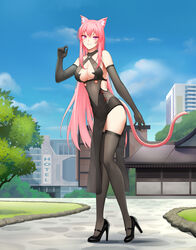  absurdres animal_ears architecture black_dress black_gloves black_thighhighs breasts building cat_ears cat_tail chinese_commentary cleavage commentary criss-cross_halter dress east_asian_architecture elbow_gloves female gloves halterneck high_heels highres large_breasts long_hair looking_at_viewer no_bra original outdoors pink_hair purple_eyes see-through solo sonikey0_0 standing tail thighhighs tree 