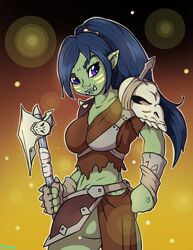  axe barbarian black_hair breasts clothed clothing edgarkingmaker female green_body green_skin hair humanoid long_hair melee_weapon not_furry orc purple_eyes solo tagme weapon 