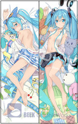  ahoge artist_name barefoot beek black_skirt blue_eyes blue_hair blush breasts dakimakura_(medium) detached_sleeves feet feline female hat hatsune_miku headphones headphones_removed long_hair lying multiple_views nail_polish navel on_back on_side open_clothes open_shirt photoshop_(medium) pleated_skirt rabbit rabbit_yukine shirt skirt sleeveless sleeveless_shirt small_breasts snowflake_print twintails very_long_hair vocaloid yuki_miku yuki_miku_(2016) 