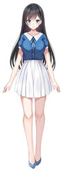  aoi_mizuki black_hair blue_eyes blue_footwear blue_shirt breasts closed_mouth collared_shirt commentary_request dress_shirt female full_body harimoji highres long_hair medium_breasts official_art pleated_skirt puffy_short_sleeves puffy_sleeves shirt shoes short_sleeves simple_background skirt smile solo standing very_long_hair virtual_youtuber voice-ore white_background white_skirt 