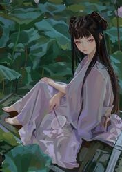  barefoot blush brown_hair chinese_clothes closed_mouth double_bun female fkey folding_fan from_side hair_bun hand_fan highres holding holding_fan long_hair looking_at_viewer looking_to_the_side original outdoors purple_eyes shuangyaji sitting smile solo 