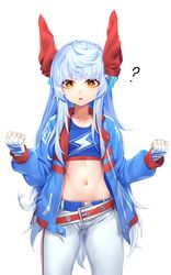  ? belt blue_hair blue_jacket breasts brown_eyes cosplay cowboy_shot crop_top female fingerless_gloves gloves headgear highres jacket le_fantasque_(warship_girls_r) long_hair long_sleeves midriff navel open_clothes open_jacket pants ray_(pixiv9514208) red_belt simple_background small_breasts solo standing tamamo_cross_(umamusume) tamamo_cross_(umamusume)_(cosplay) umamusume warship_girls_r white_background white_gloves white_pants 