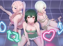  3girls adapted_costume alt_text arm_support barefoot bikini bikini_shorts blonde_hair breasts brown_bikini brown_shorts cleavage commentary dark_green_hair eyebrows_hidden_by_hair finger_to_mouth green_bikini grid_background growth170 hair_over_one_eye highres jewelry like_and_retweet looking_at_viewer love_live! love_live!_nijigasaki_high_school_idol_club medium_breasts mia_taylor mifune_shioriko multiple_girls necklace on_ground pink_hair purple_background purple_eyes r3birth_(love_live!) red_bikini red_eyes short_hair short_shorts shorts sitting smile swimsuit vroom_vroom_(love_live!) wariza zhong_lanzhu 