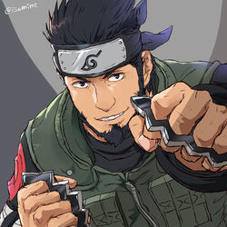  1boy artist_name beard black_eyes black_hair black_headband brass_knuckles clenched_hand facial_hair green_vest grin headband isomine looking_at_viewer male_focus naruto naruto_(series) ninja sarutobi_asuma sideburns smile solo vest weapon 