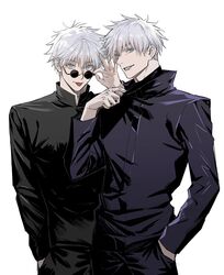  2boys black_blindfold black_jacket black_pants blindfold blindfold_down blue_eyes gojou_satoru grin hair_between_eyes hand_in_pocket high_collar highres jacket jujutsu_kaisen long_sleeves male_focus multiple_boys nino_(nino84391425) pants round_eyewear school_uniform short_hair simple_background smile sunglasses tongue tongue_out white_background white_hair 