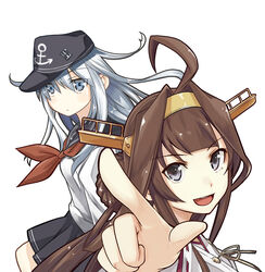  2girls ahoge anchor_symbol black_sailor_collar black_skirt blue_eyes brown_hair commentary_request double_bun flat_cap hair_bun hairband hat headgear hibiki_(kancolle) highres japanese_clothes kantai_collection kongou_(kancolle) long_hair looking_at_viewer multiple_girls neckerchief pointing purple_eyes red_neckerchief ribbon-trimmed_sleeves ribbon_trim sailor_collar saitou_sakae school_uniform serafuku simple_background skirt white_background white_hair 