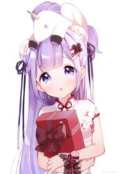  azur_lane bad_id bad_pixiv_id black_ribbon blush box breasts bun_cover chestnut_mouth china_dress chinese_clothes commentary_request double_bun dress female gift gift_box hair_bun hair_ribbon head_tilt hugging_object looking_at_viewer maeha medium_breasts official_alternate_costume on_head parted_lips purple_eyes purple_hair ribbon short_sleeves simple_background solo stuffed_animal stuffed_toy stuffed_winged_unicorn unicorn_(azur_lane) unicorn_(the_gift_of_spring)_(azur_lane) upper_body white_background white_dress wrist_cuffs 