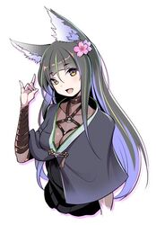  animal_ear_fluff animal_ears arm_at_side arm_wrap bellflower black_capelet black_dress black_hair blunt_bangs breasts capelet dress female flower fox_ears fox_shadow_puppet hand_up kitsunegasaki_tametsugu_(tenka_hyakken) kurukuru_(p!) long_hair o-ring o-ring_top open_mouth sidelocks smile solo tenka_hyakken upper_body white_background yellow_eyes 