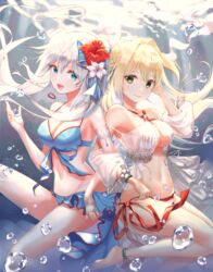  2girls :d absurdres air_bubble anklet armpits bare_shoulders barefoot bead_bracelet beads bikini bikini_skirt blonde_hair blue_bikini blue_eyes bracelet breasts bubble cleavage closed_mouth commentary_request criss-cross_halter fate/grand_order fate_(series) floating_hair flower freediving green_eyes hair_flower hair_intakes hair_ornament halterneck hand_up hibiscus highres jewelry locked_arms long_hair looking_at_viewer marie_antoinette_(fate) marie_antoinette_(swimsuit_caster)_(fate) marie_antoinette_(swimsuit_caster)_(third_ascension)_(fate) medium_breasts multiple_girls navel nero_claudius_(fate) nero_claudius_(swimsuit_caster)_(fate) nero_claudius_(swimsuit_caster)_(third_ascension)_(fate) open_mouth red_bikini red_flower see-through side-tie_bikini_bottom sling_bikini_top smile striped_bikini striped_clothes sunlight swimsuit thighs twintails ueng underwater water white_flower white_hair 