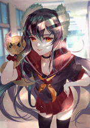  animal_ears animal_on_shoulder black_choker black_hair black_shirt black_thighhighs blurry breasts choker cleavage depth_of_field female hand_on_own_hip hand_up highres long_hair looking_at_viewer multicolored_hair neckerchief parted_lips pleated_skirt red_sailor_collar red_skirt sailor_collar school_uniform serafuku shirt short_sleeves skirt small_breasts smile solo streaked_hair thighhighs tower_of_saviors vardan very_long_hair yellow_eyes yellow_neckerchief zettai_ryouiki 