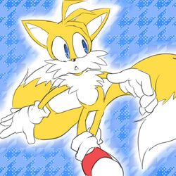  1:1 2_tails anthro biped blue_background blue_eyes canid canine clothing dipstick_tail footwear fox fur gloves handwear male mammal markings multi_tail multicolored_tail nashi_(intothe_bluesky) pattern_background sega shoes simple_background solo sonic_the_hedgehog_(series) tail tail_markings tails white_body white_fur yellow_body yellow_fur 