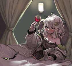  ahoge alcohol arknights arm_support bare_shoulders black_shirt black_skirt blanket blush breasts brown_eyes cleavage clothes_pull coat collarbone commentary_request cup curtains drink drinking_glass female hair_ornament holding holding_cup korean_commentary long_hair long_sleeves looking_at_viewer lying miniskirt off_shoulder on_back on_bed one_side_up open_clothes open_coat parted_lips pillow polyvora scene_(arknights) shirt shirt_pull skirt small_breasts solo under_covers white_coat white_hair wine wine_glass 