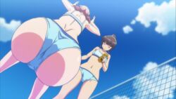  2girls adjusting_clothes adjusting_swimsuit anime_screenshot ass beach_volleyball bead_bracelet beads bikini blue_sky bracelet brown_hair cloud day harukana_receive higa_kanata jewelry multiple_girls non-web_source oozora_haruka_(harukana_receive) outdoors screenshot sky swimsuit volleyball volleyball_net 