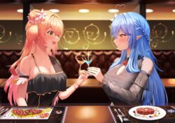  2girls :d absurdres alternate_costume black_dress blonde_hair blue_hair blue_nails blush breasts brown_eyes cleavage cleavage_cutout closed_mouth clothing_cutout commentary_request cup dress drinking_glass food fork gradient_hair green_eyes hair_between_eyes highres holding holding_cup hololive huge_breasts indoors knife large_breasts long_hair long_sleeves looking_at_another momosuzu_nene multicolored_hair multiple_girls nail_polish open_mouth orange_nails pink_hair plate restaurant smile suiran_(liquiddoes) toasting_(gesture) upper_body very_long_hair virtual_youtuber yukihana_lamy 